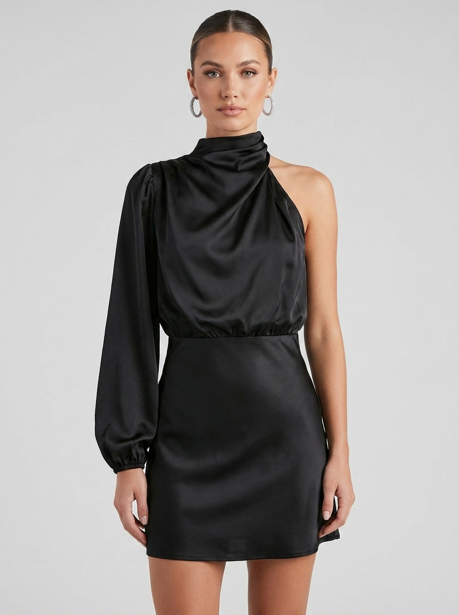 Bella Novelle one-shoulder jurk satijnlook in zwart