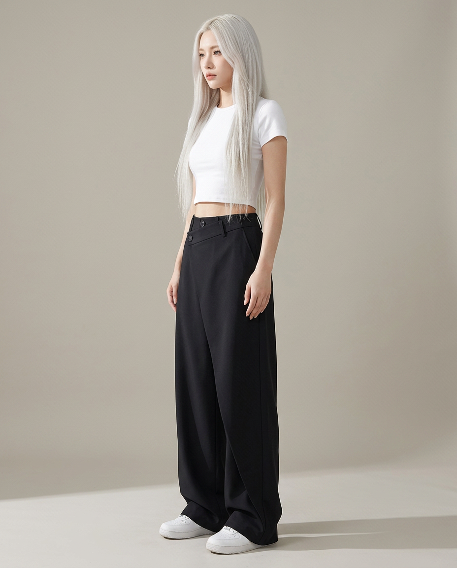 Baggy broek in zwart - zijaanzicht met asymmetrische taille