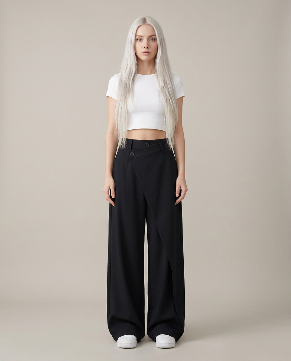 Baggy broek met asymmetrische taille in zwart - vooraanzicht