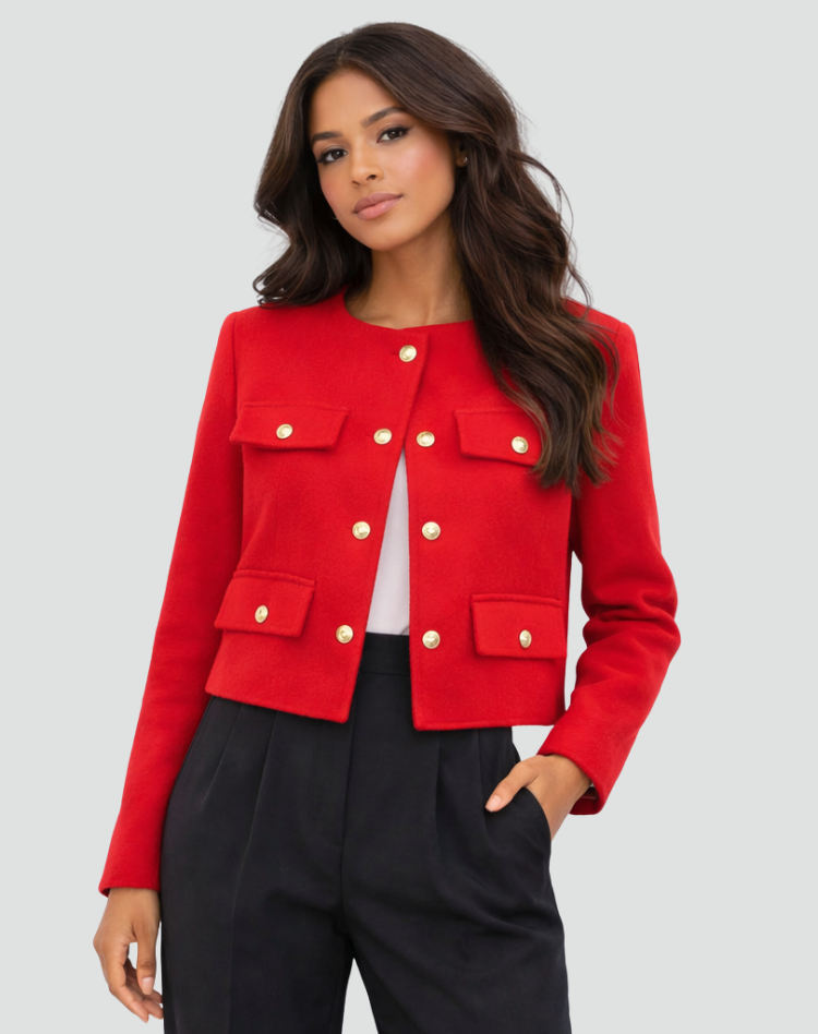 Bella Novelle korte kraagloze damesblazer met goudkleurige knopen, productfoto