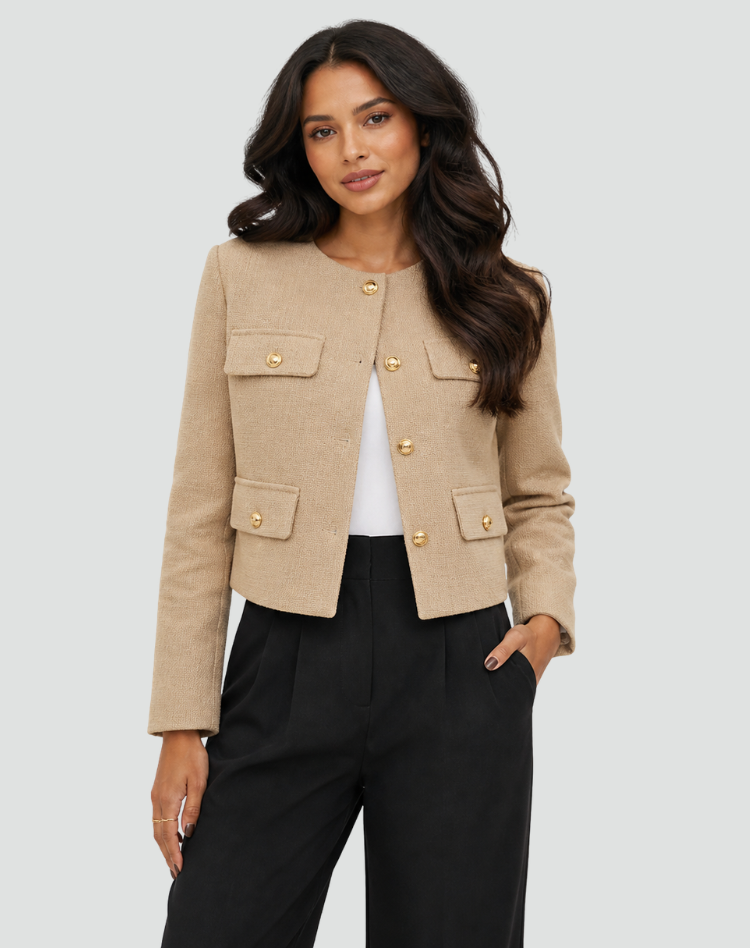 Bella Novelle korte kraagloze damesblazer met goudkleurige knopen, productfoto