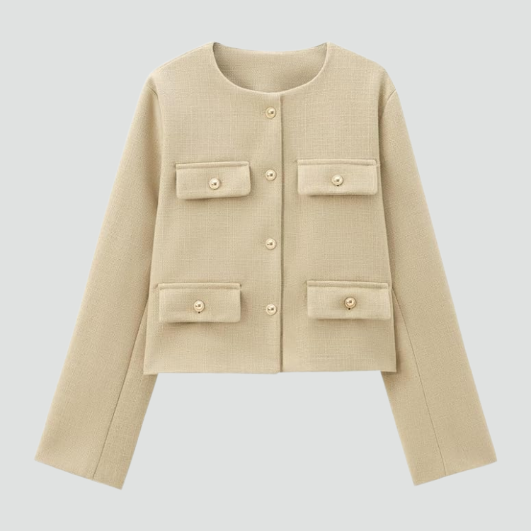 Bella Novelle korte kraagloze damesblazer met goudkleurige knopen in khaki