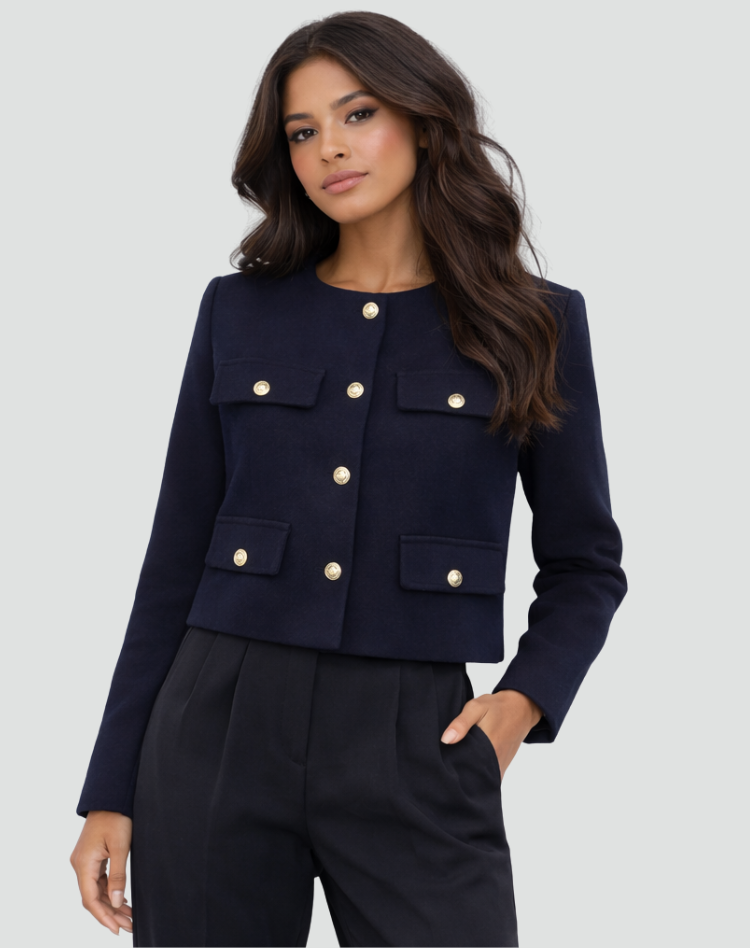 Bella Novelle korte kraagloze damesblazer met goudkleurige knopen in marineblauw