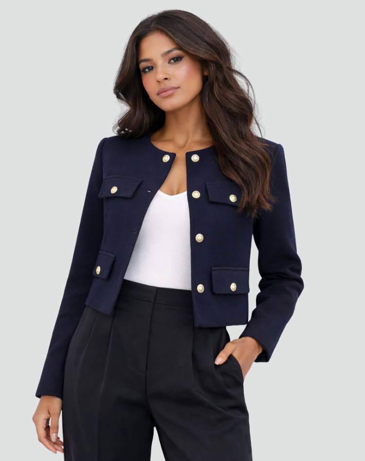 Bella Novelle korte kraagloze damesblazer met goudkleurige knopen, productfoto