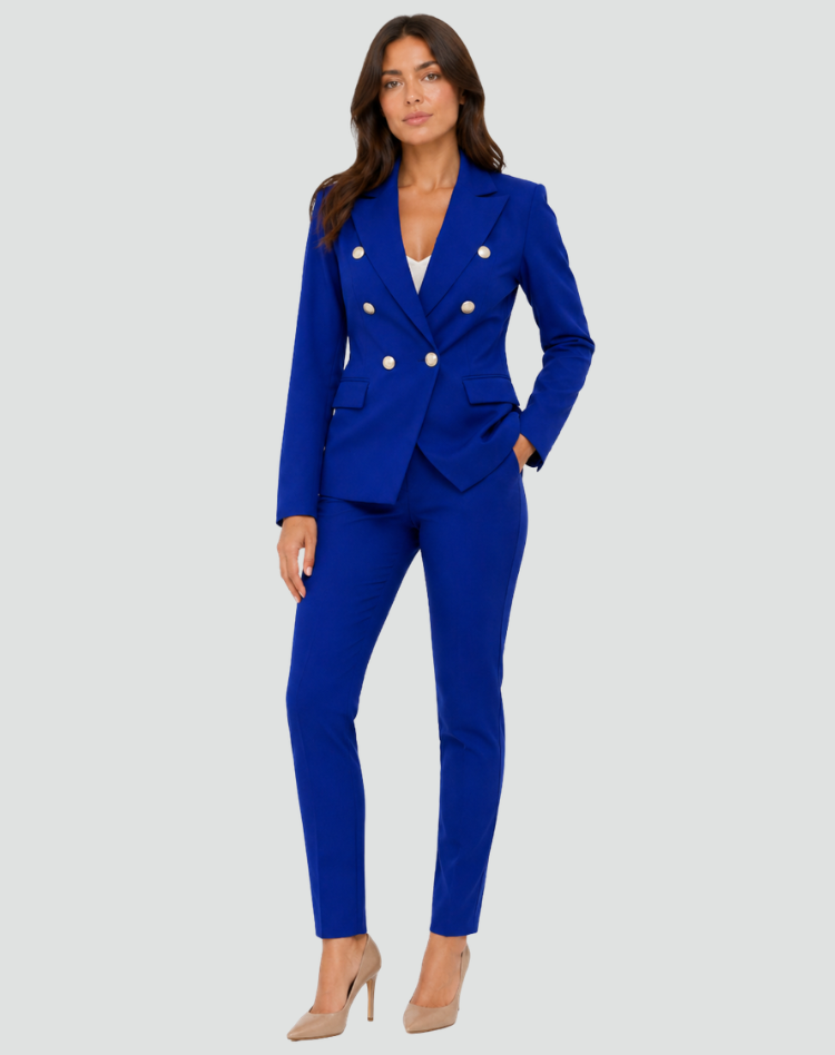 Bella Novelle dubbelrijige damesblazer met pantalon in blauw