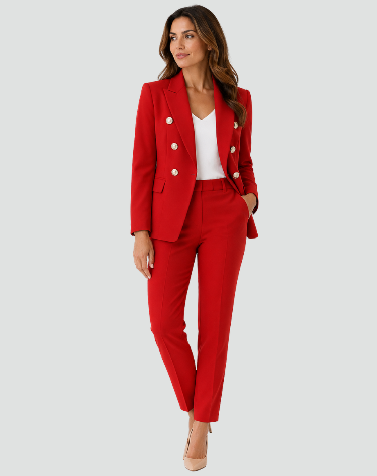 Bella Novelle dubbelrijige damesblazer met pantalon in rood