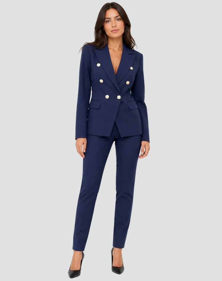 Bella Novelle dubbelrijige damesblazer met pantalon in donkerblauw