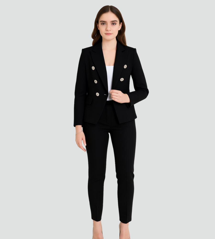 Bella Novelle dubbelrijige damesblazer met pantalon in zwart