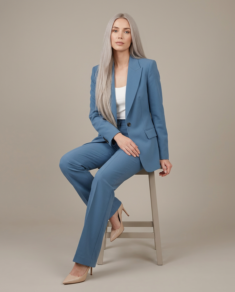 Blazerset in blauw - zittende pose