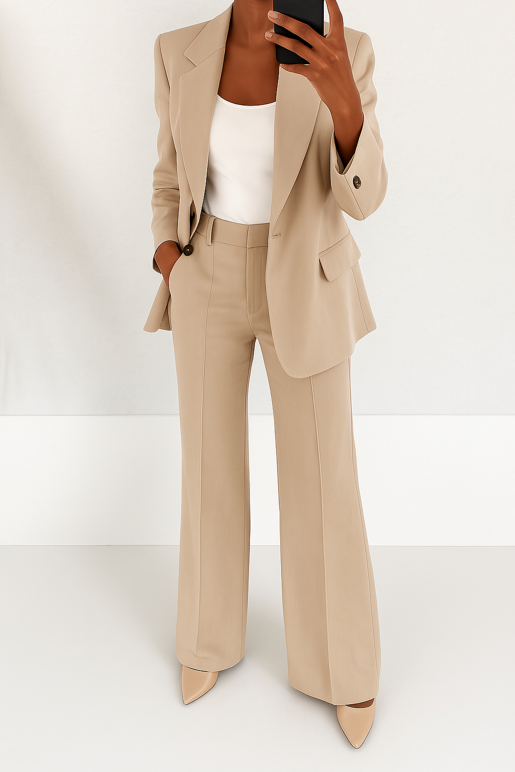 Bella Novelle getailleerde blazerset met wijde broek in beige