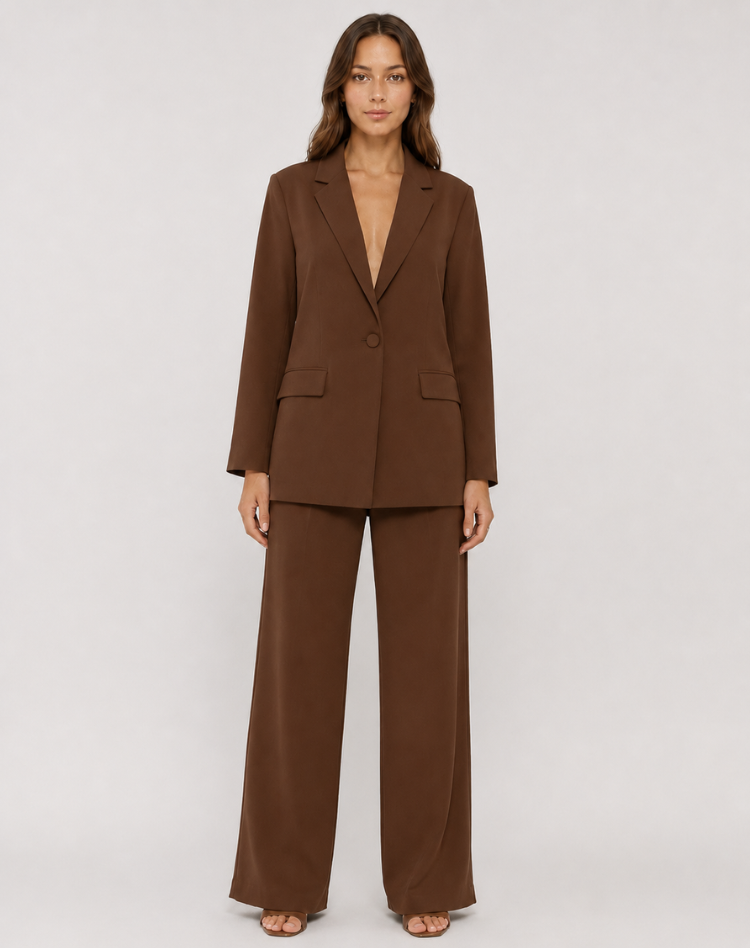Bella Novelle damesblazerset met wijde pantalon in bruin