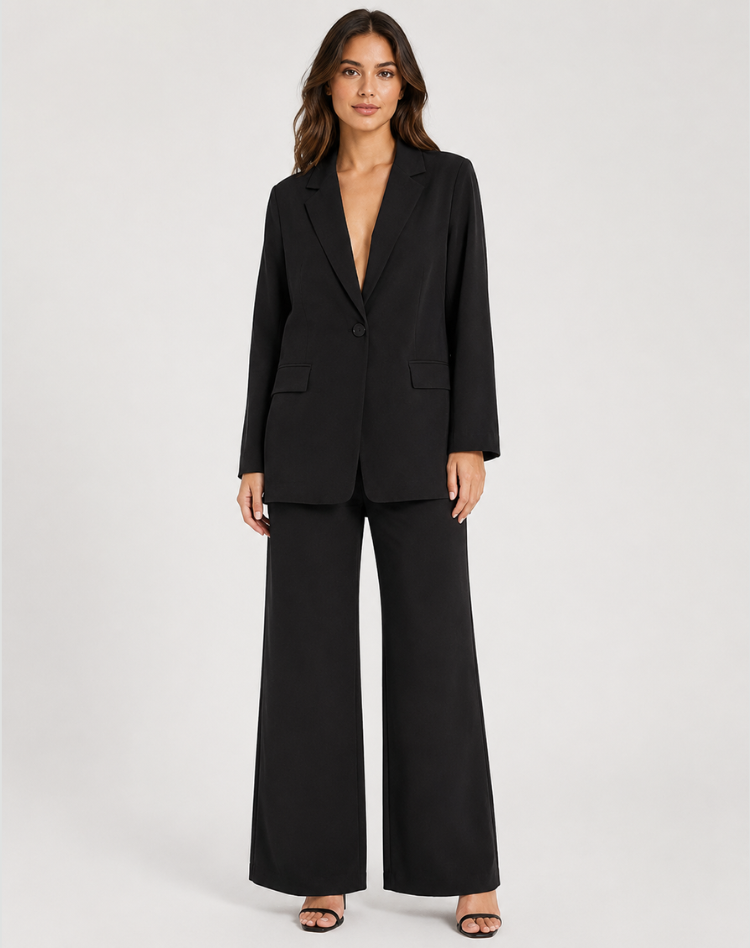 Bella Novelle damesblazerset met wijde pantalon in zwart