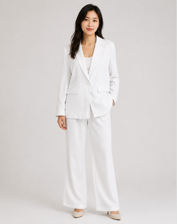 Bella Novelle damesblazerset met wijde pantalon in wit