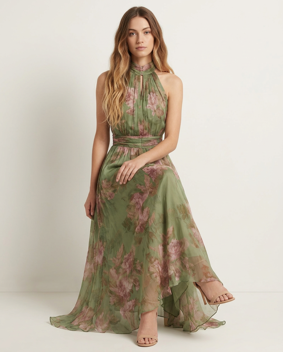 Bloemenjurk halterhals groen zittende pose