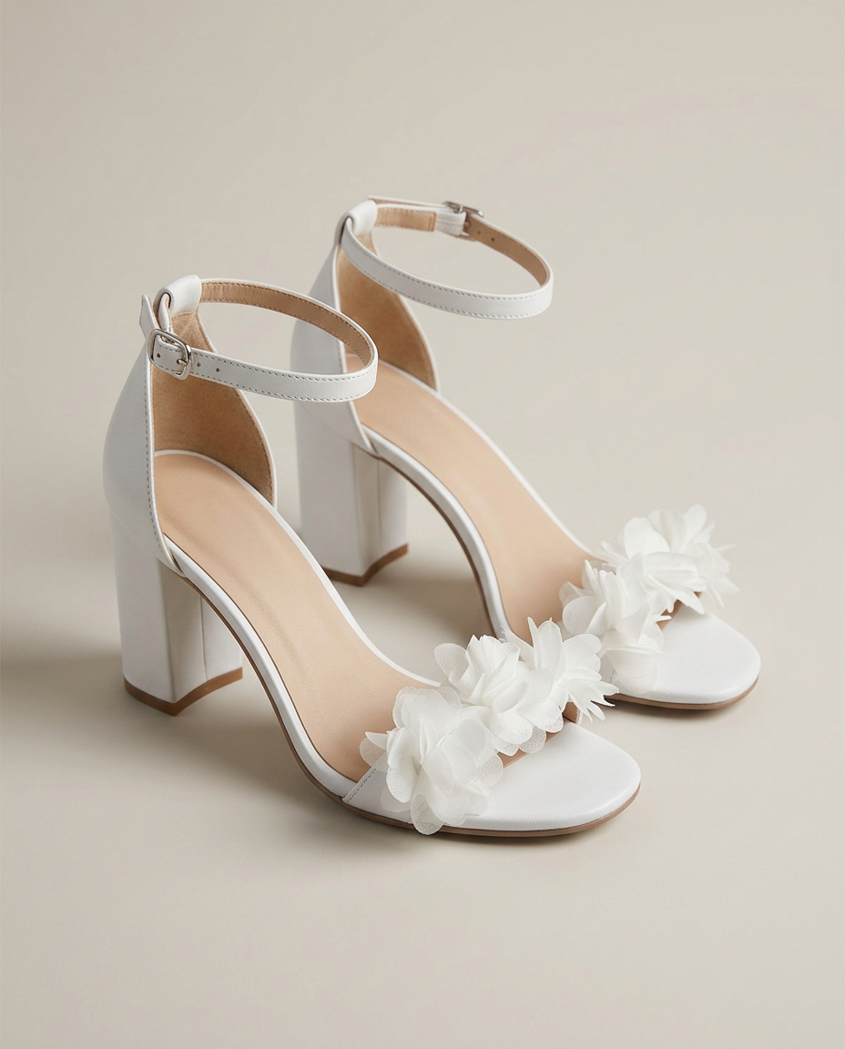 Bella Novelle sandalen met blokhak en bloemdetail in wit, productfoto
