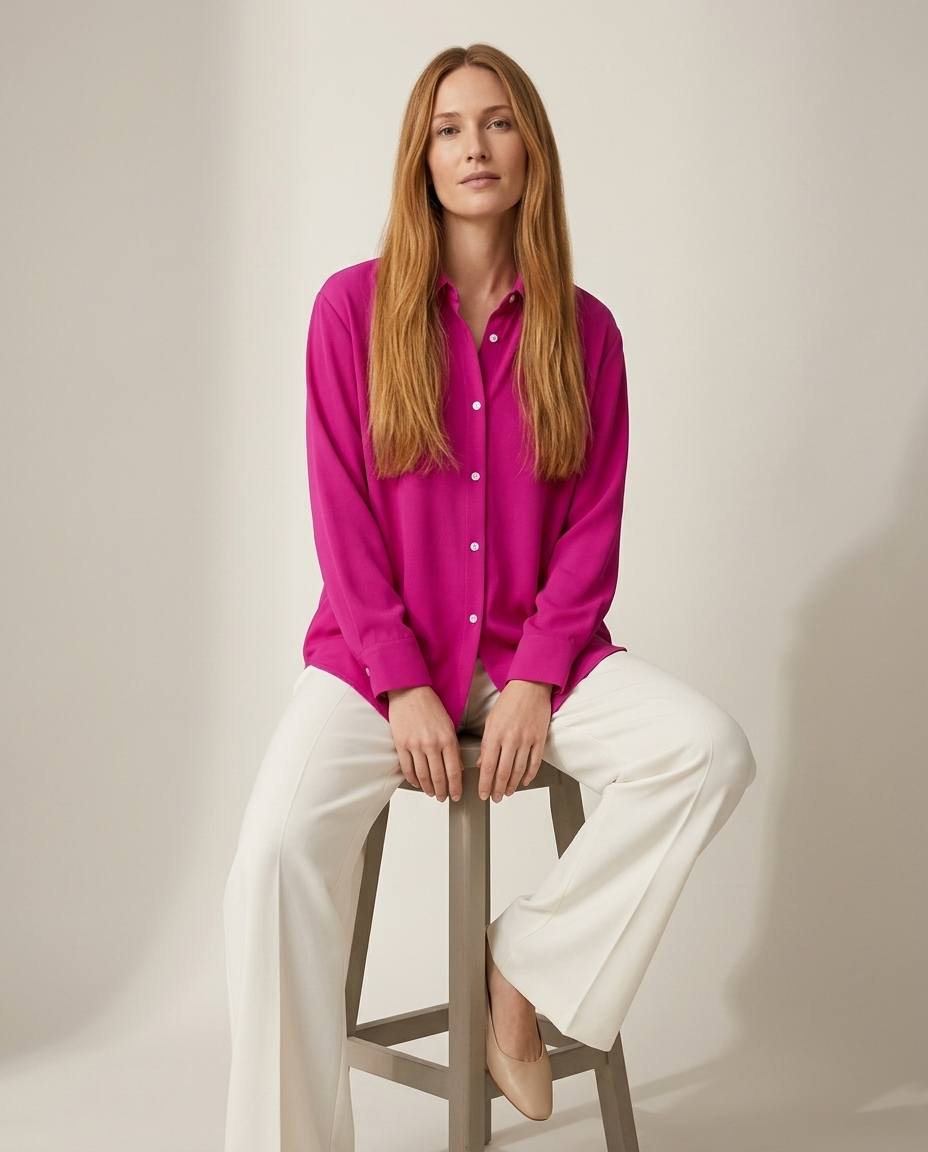Klassieke blouse fuchsia - zittende pose