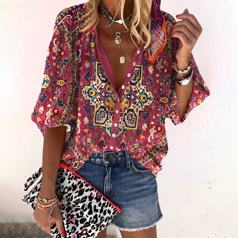 Bella Novelle blouse met korte mouwen en bloemenprint in rood
