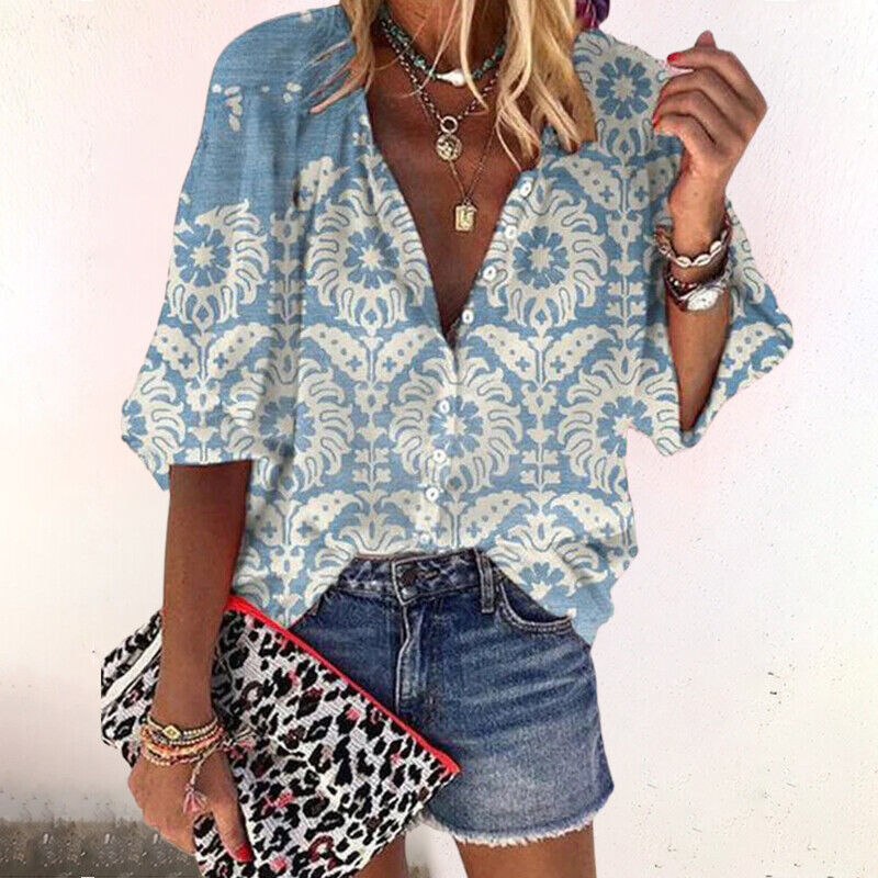 Bella Novelle blouse met korte mouwen en bloemenprint in blauw