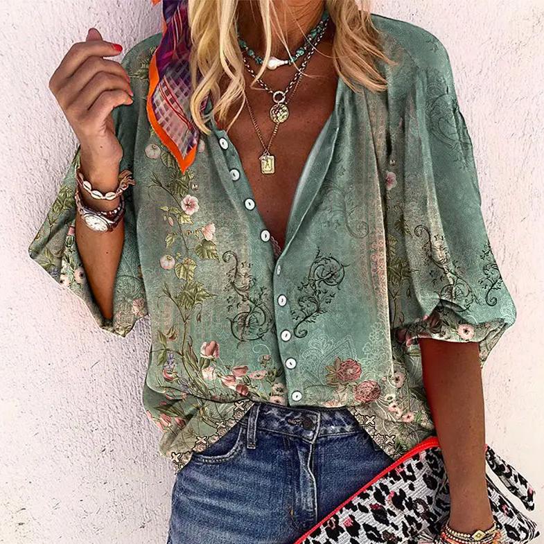 Bella Novelle blouse met korte mouwen en bloemenprint in groen