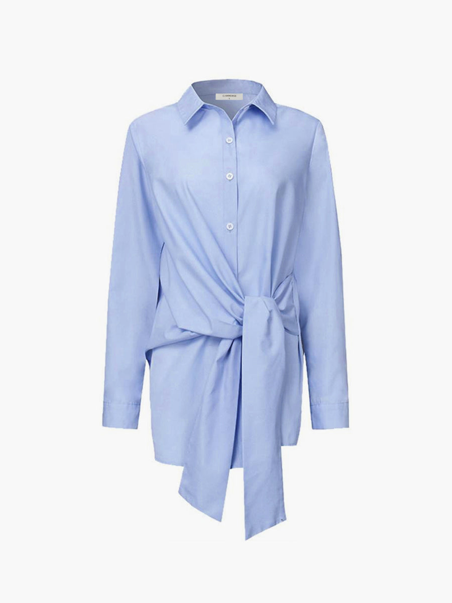 Bella Novelle lange blouse met tailleknoop in blauw