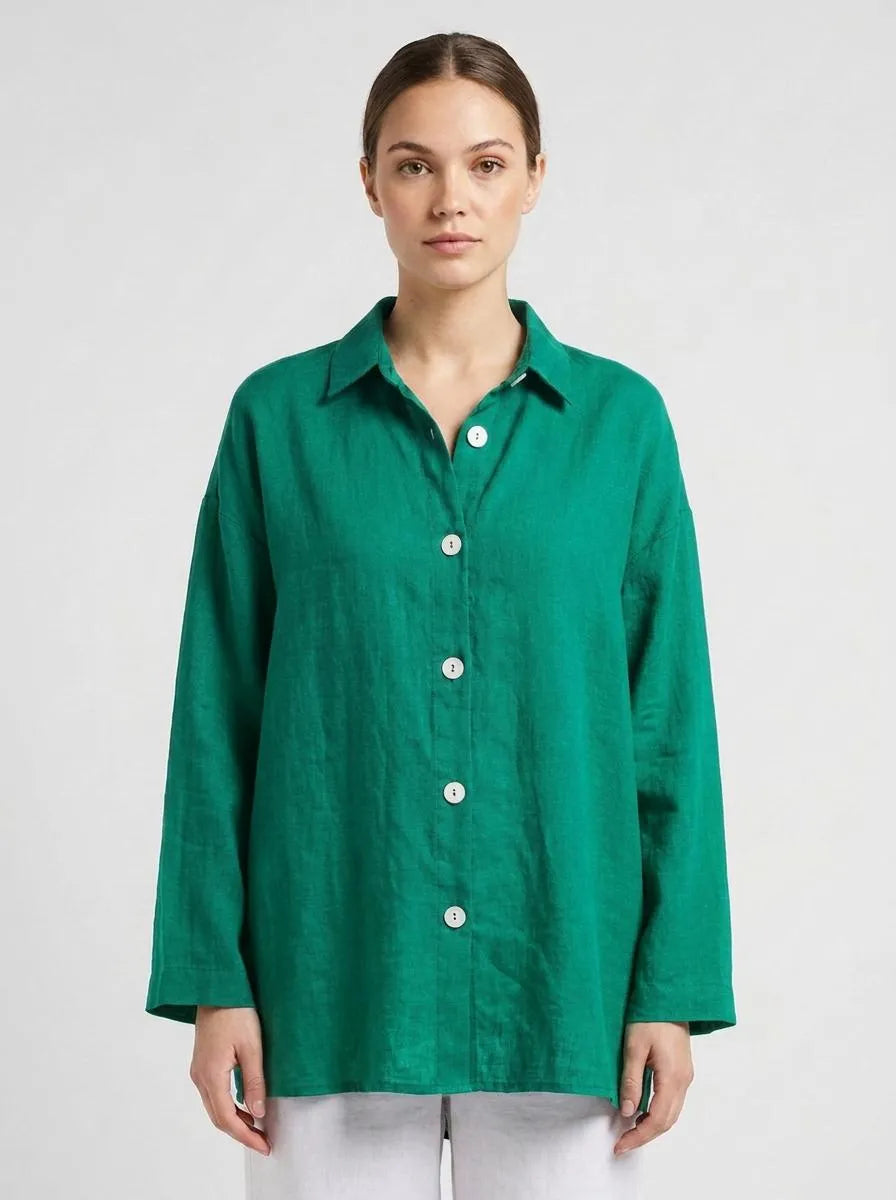 Bella Novelle linnen blouse knoopsluiting in malachietgroen