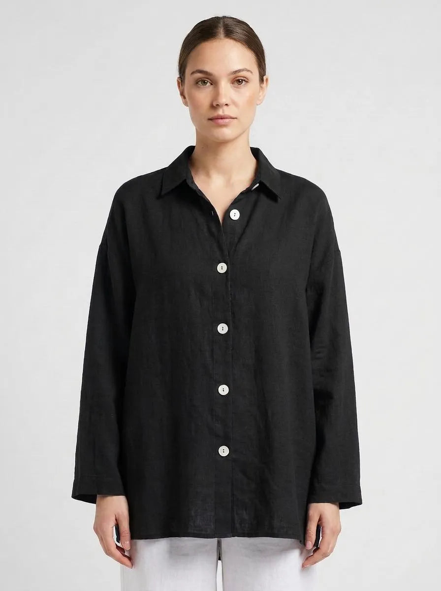 Bella Novelle linnen blouse knoopsluiting in zwart