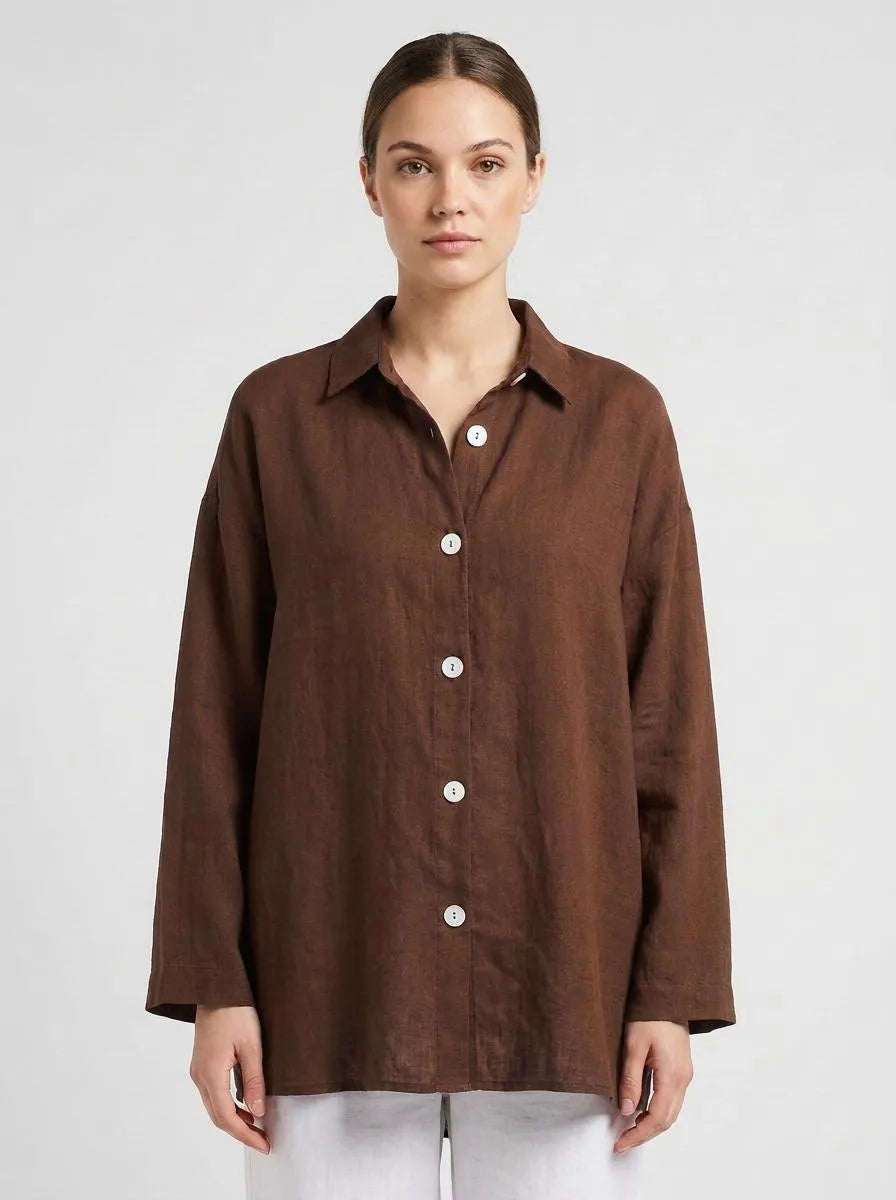 Bella Novelle linnen blouse knoopsluiting in bruin