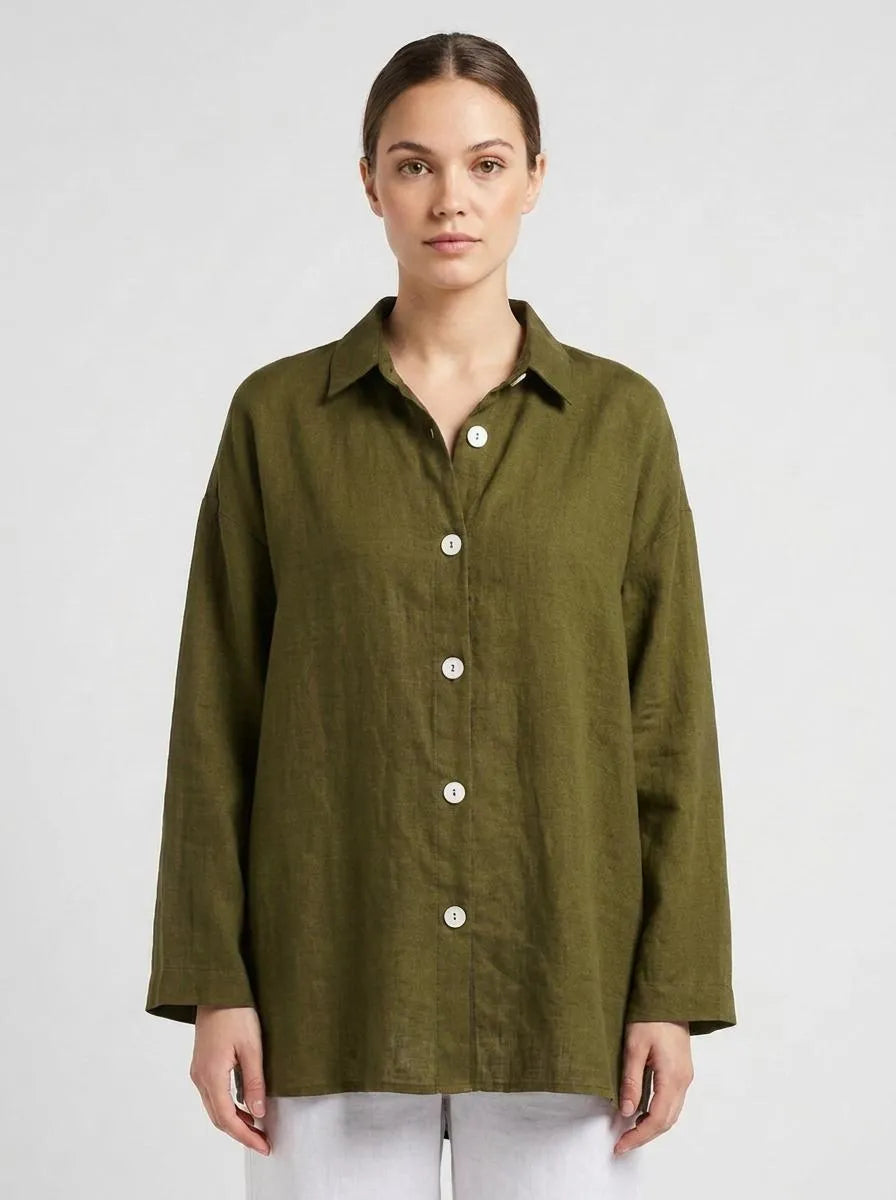 Bella Novelle linnen blouse knoopsluiting in olijfgroen