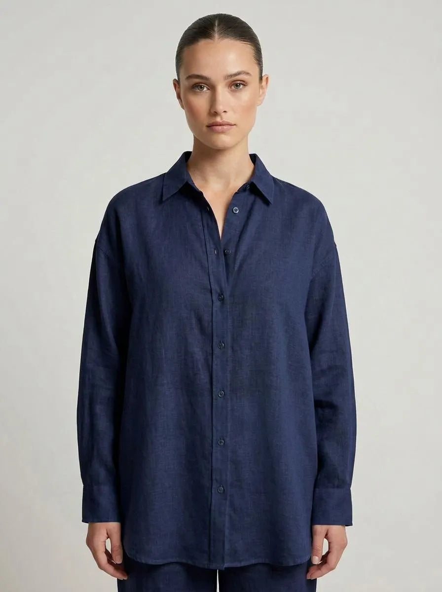 Bella Novelle linnen blouse losvallend in marineblauw