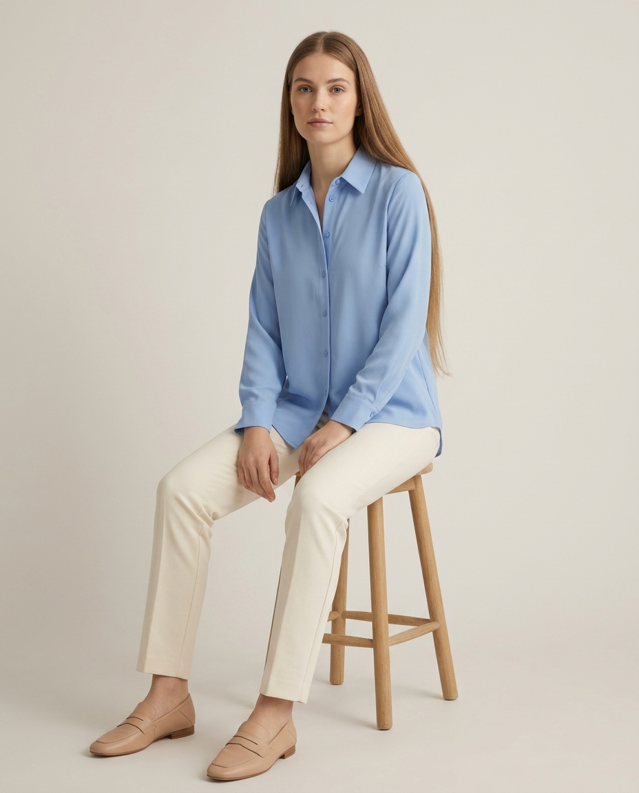 Elegante blouse met kraag blauw - zittende pose