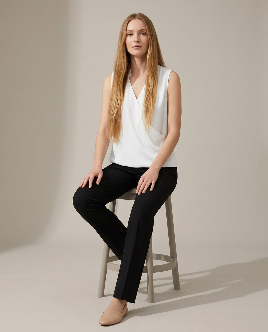 Blouse mouwloos wikkeldesign wit zittende pose