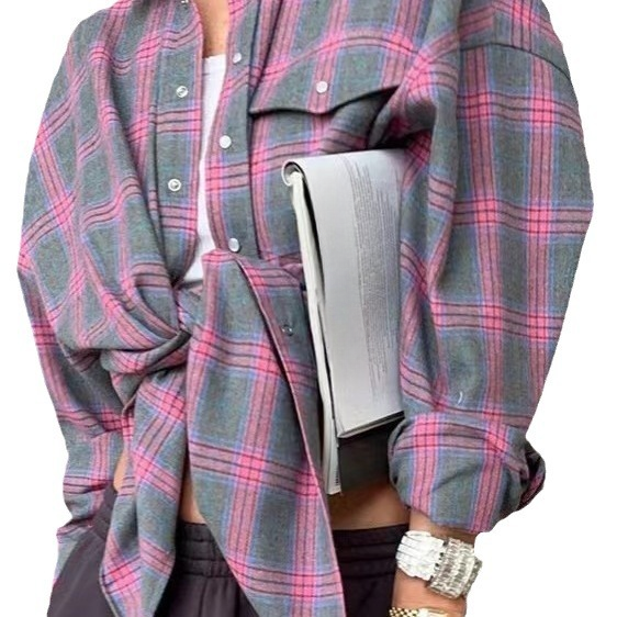 Bella Novelle oversized flanellen damesblouse met ruitpatroon in paars
