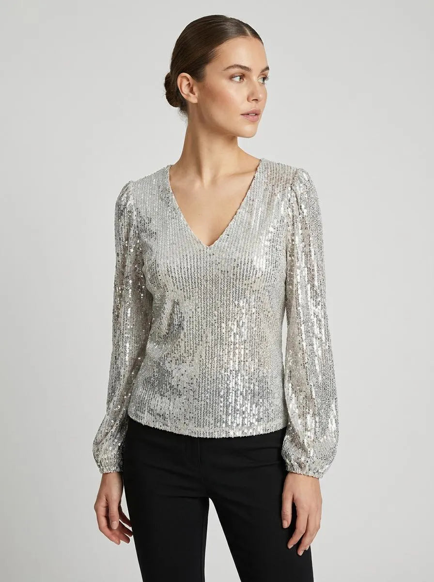 Bella Novelle blouse pailletten V-hals, driekwart aanzicht
