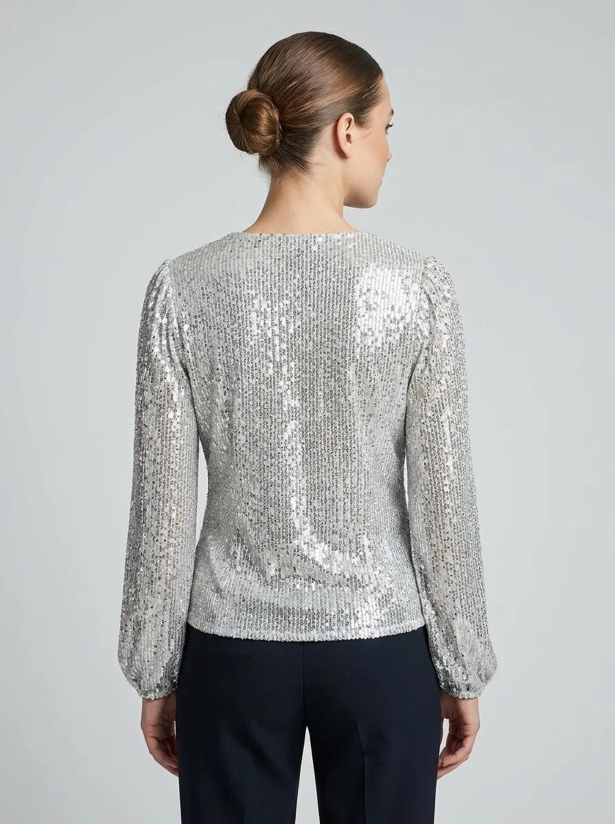 Bella Novelle blouse pailletten V-hals, achteraanzicht
