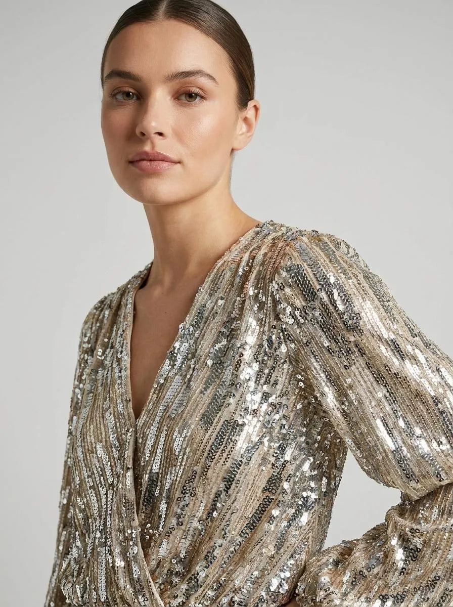 Bella Novelle blouse pailletten V-hals, close-up van de stof
