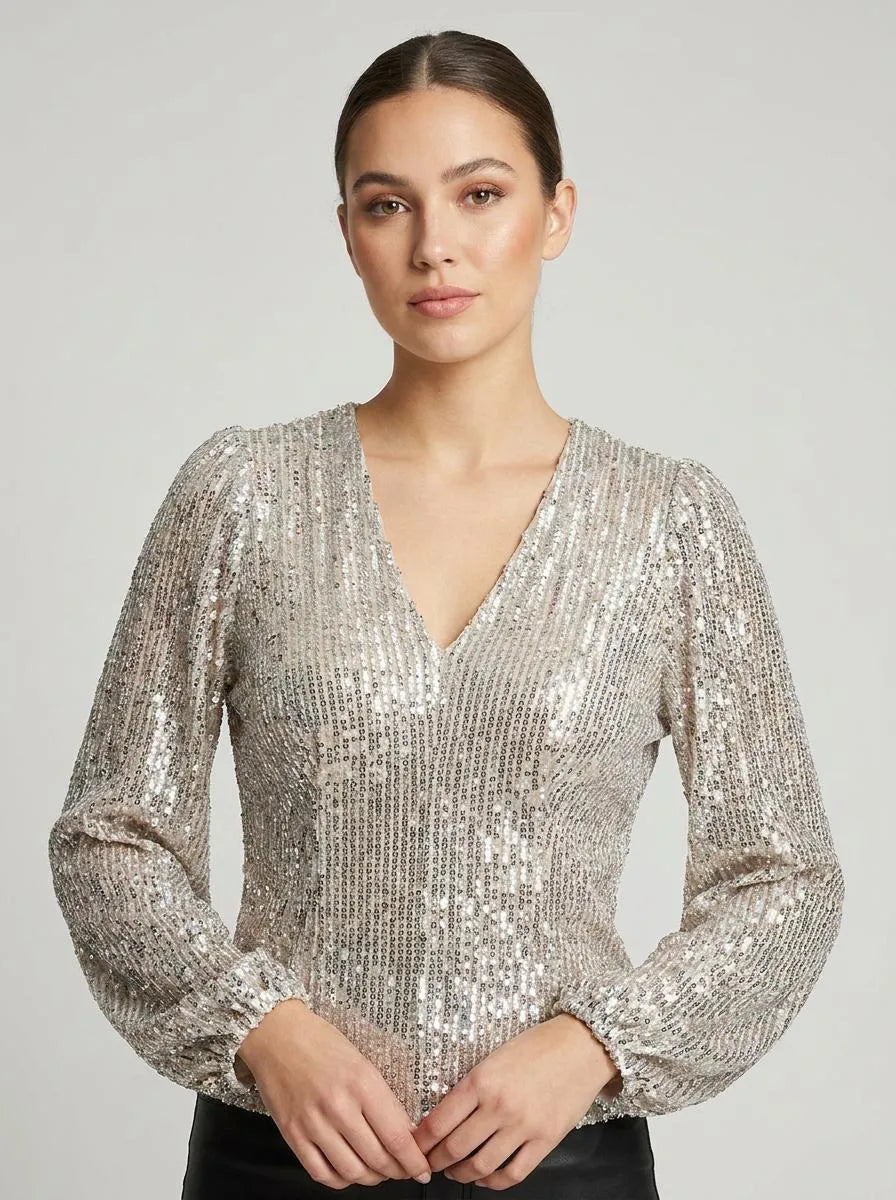 Bella Novelle blouse pailletten V-hals, vooraanzicht