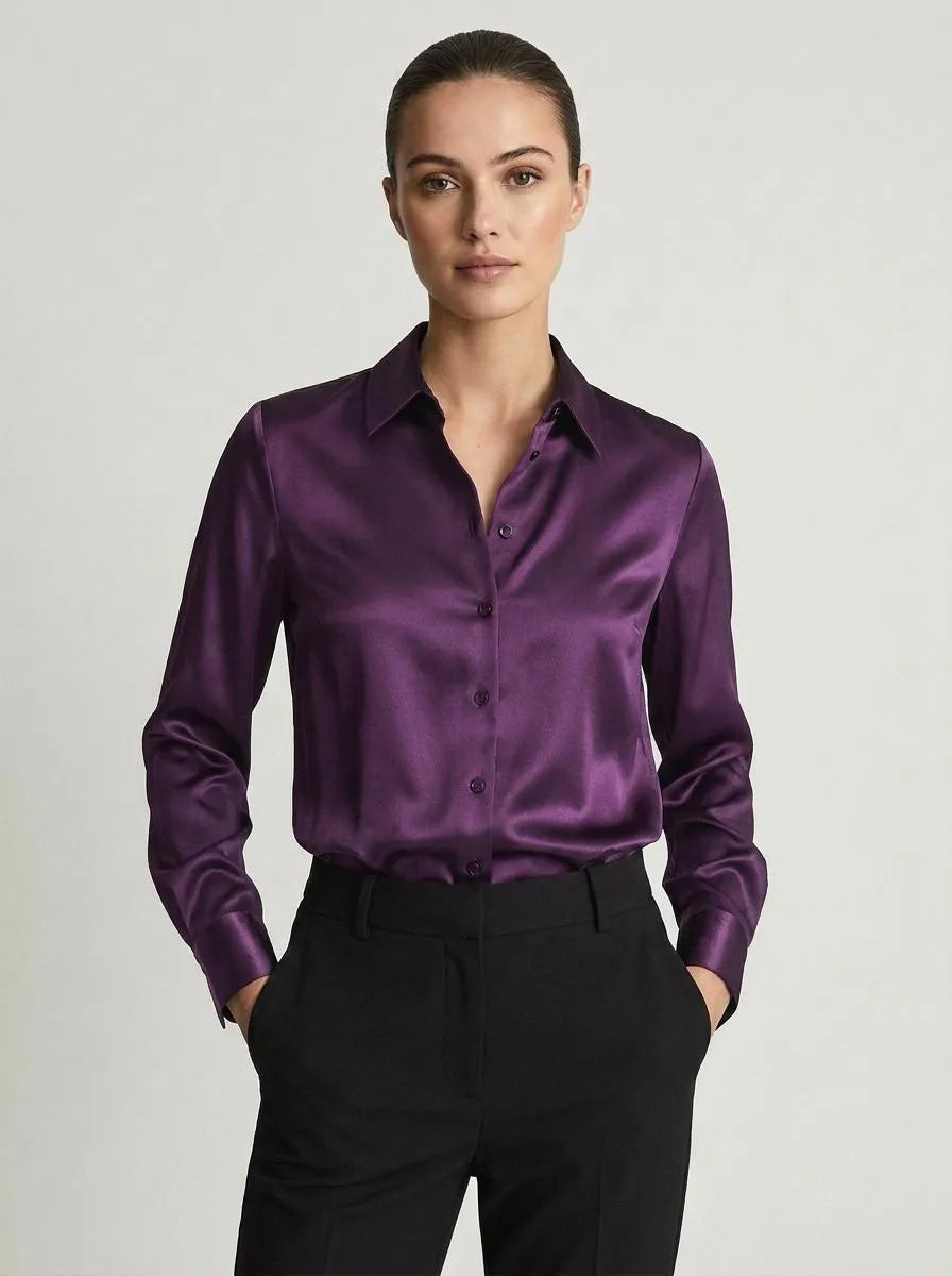 Bella Novelle satijnen blouse klassieke kraag in paars
