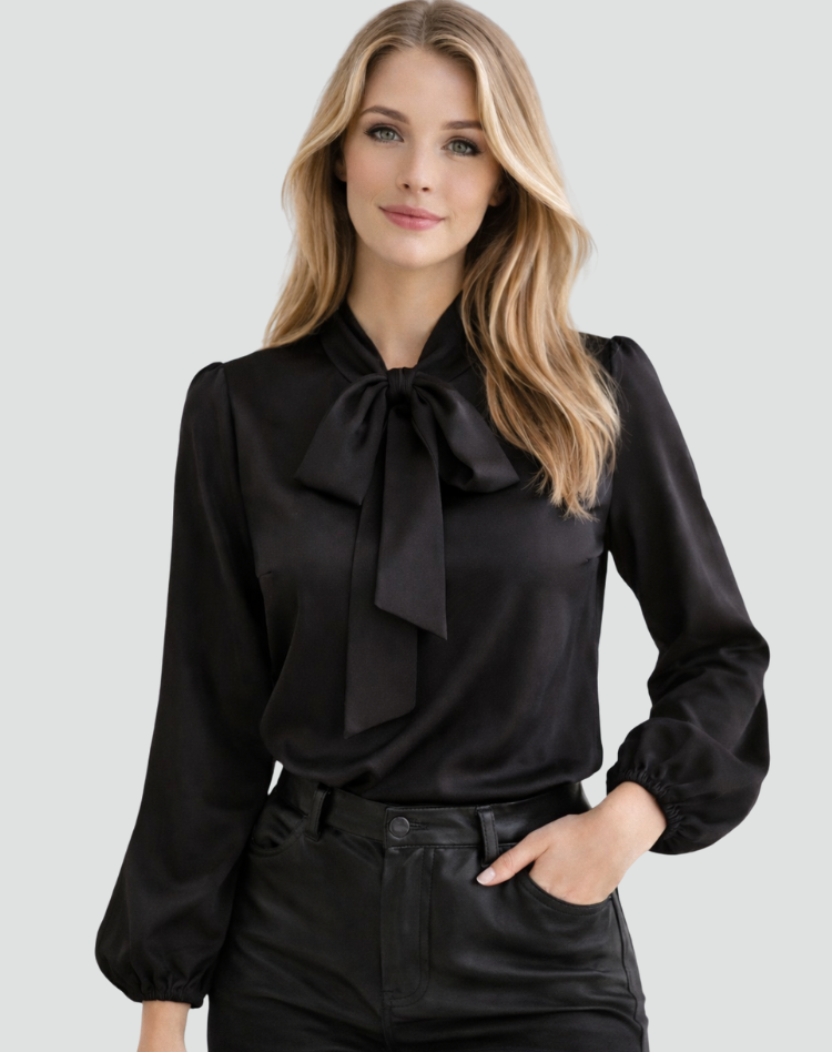 Bella Novelle satijnen damesblouse met strik bij de hals in zwart