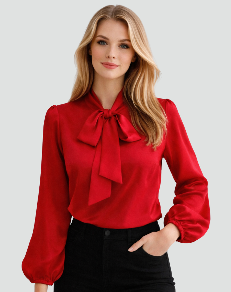 Bella Novelle satijnen damesblouse met strik bij de hals in rood