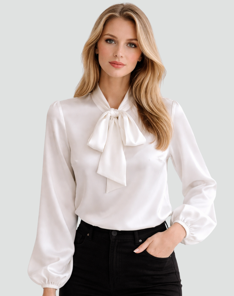 Bella Novelle satijnen damesblouse met strik bij de hals in wit