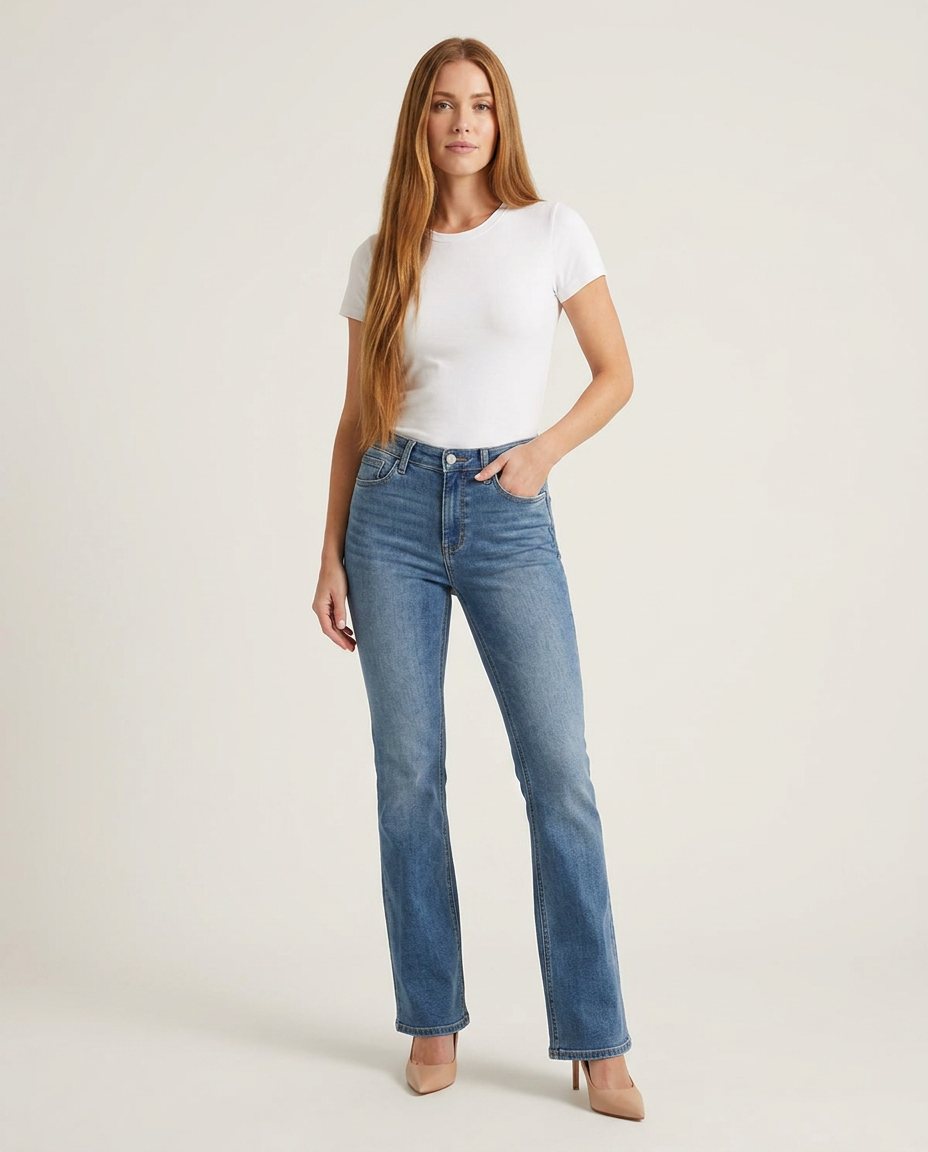 Bella Novelle bootcut jeans in middenblauw, staande pose