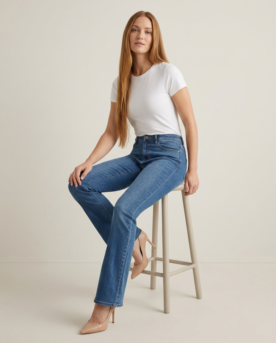 Bella Novelle bootcut jeans in middenblauw, zittende pose