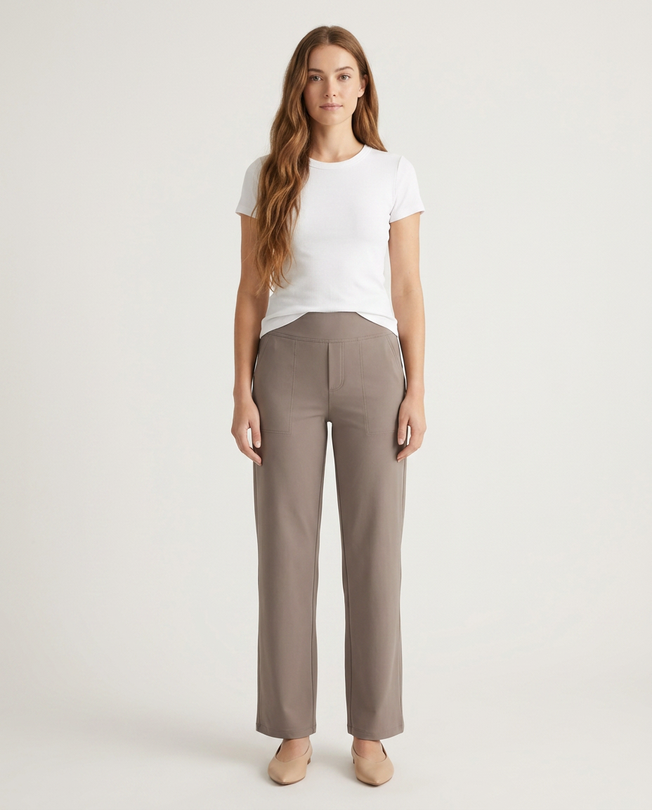 Bella Novelle broek met elastische taille in taupe, vooraanzicht