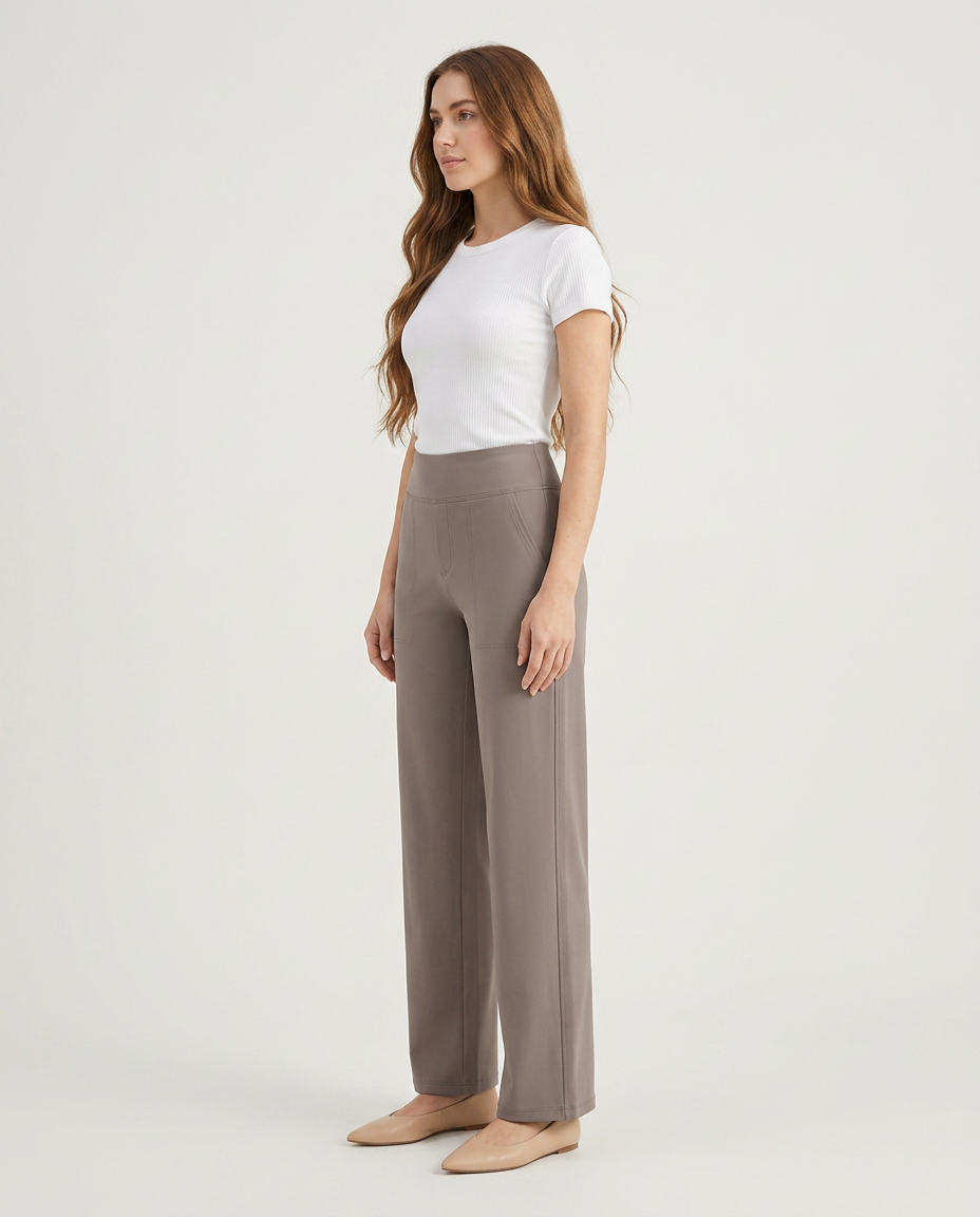 Bella Novelle broek met elastische taille in taupe, zijaanzicht