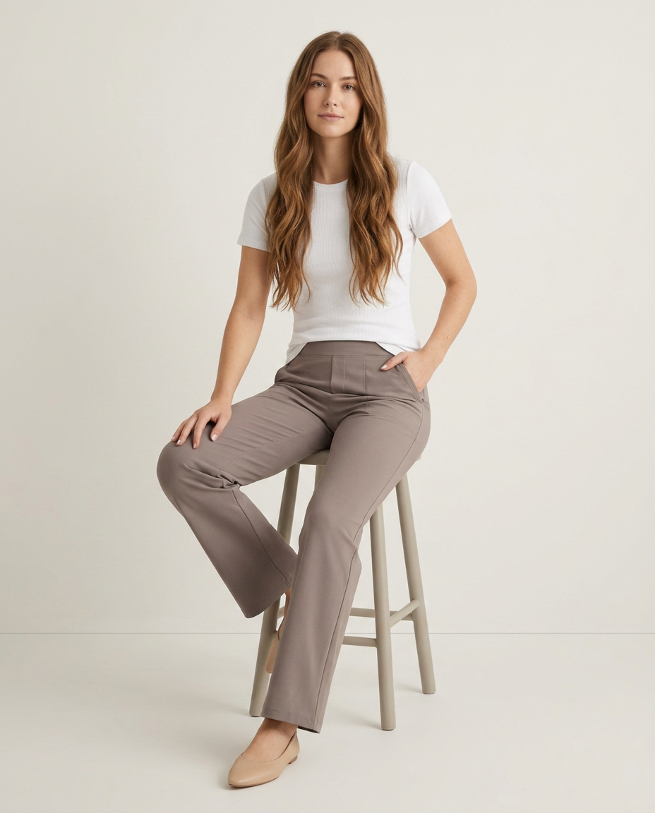 Bella Novelle broek met elastische taille in taupe, zittende pose