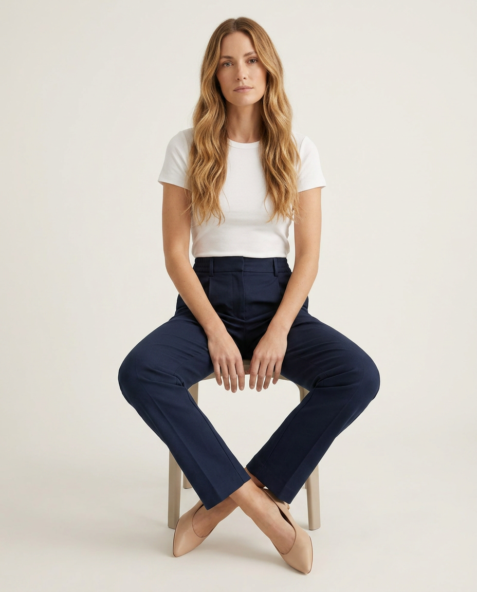 Bella Novelle broek met hoge taille in donkerblauw, zittende pose