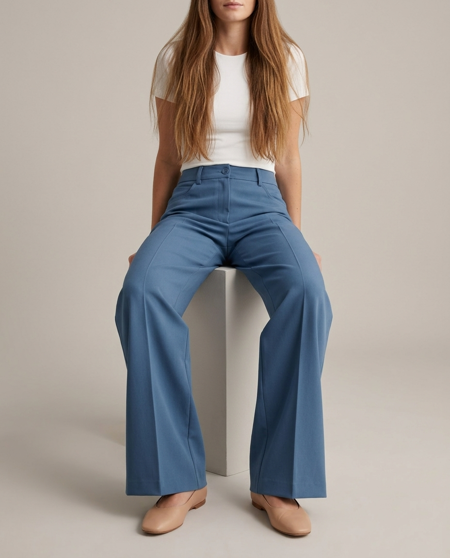 Broek met wijde pijpen in blauw - zittende pose