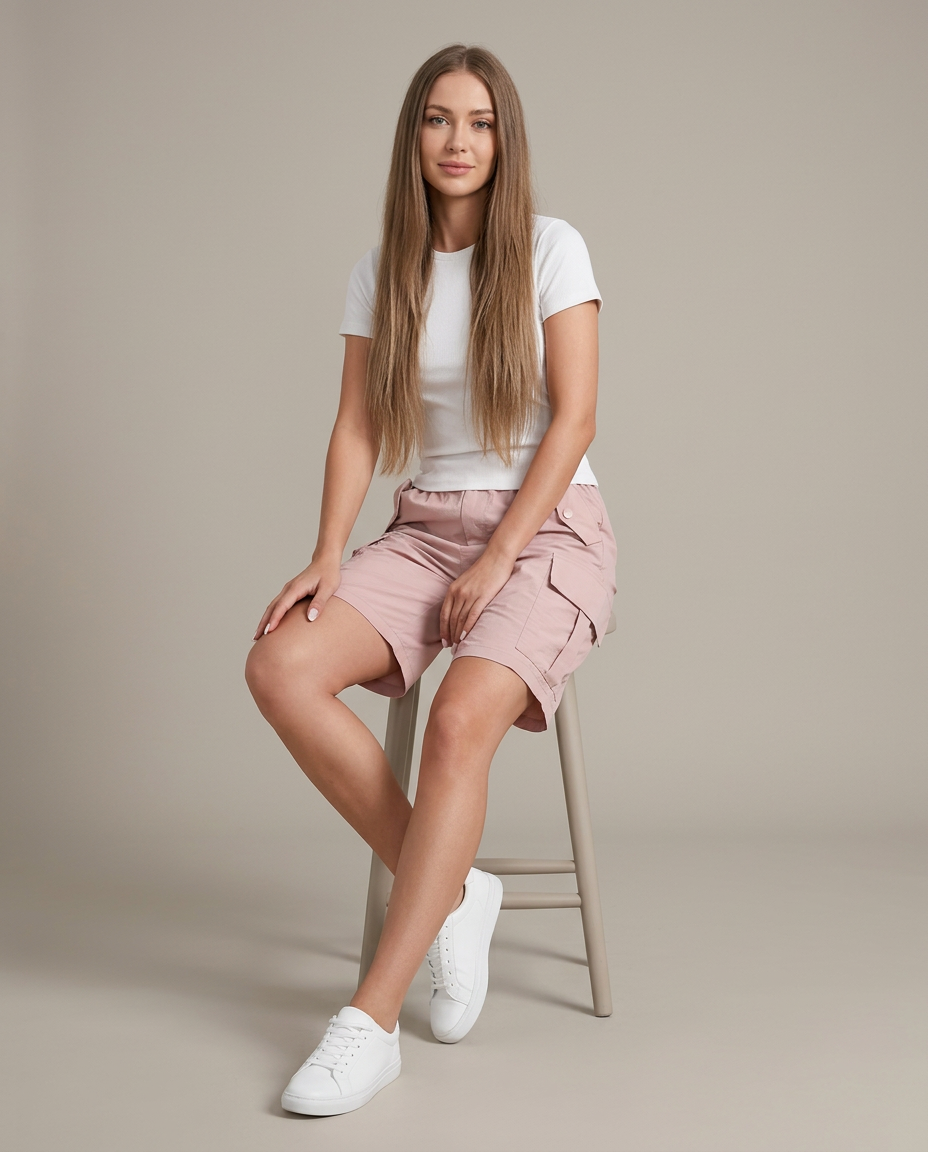 Bella Novelle cargo-short in roze, zittende pose