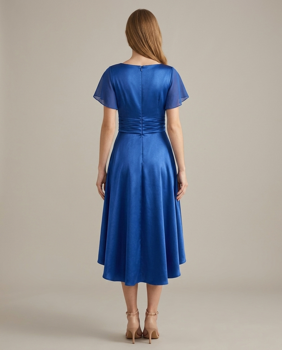Cocktailjurk blauw achteraanzicht