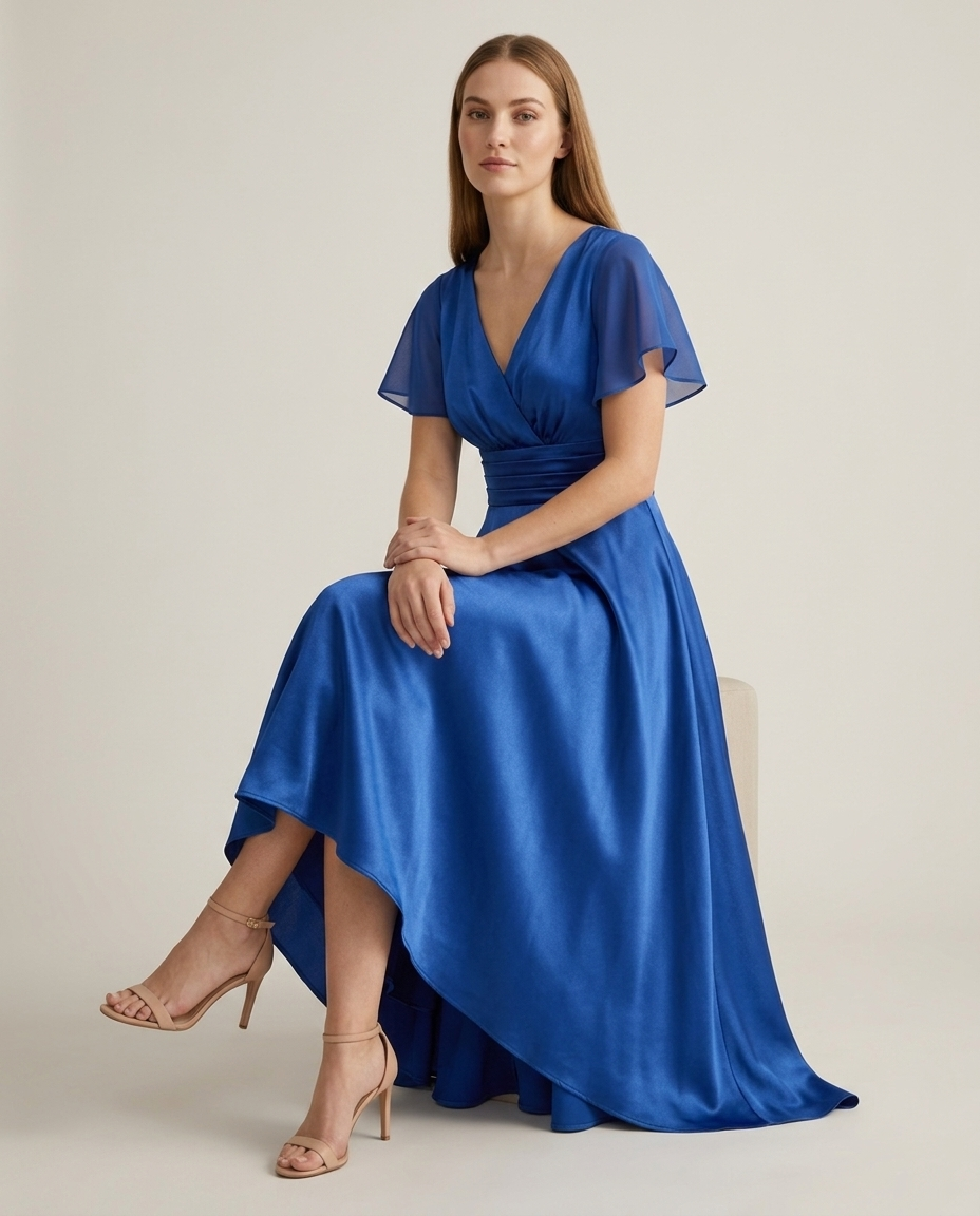 Cocktailjurk blauw zittende pose